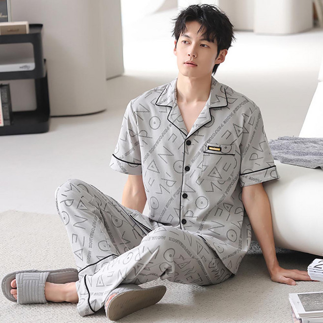 ANYOU 남자 순면 소재 반팔잠옷세트 라운드넥 편안한 오버핏 여름잠옷