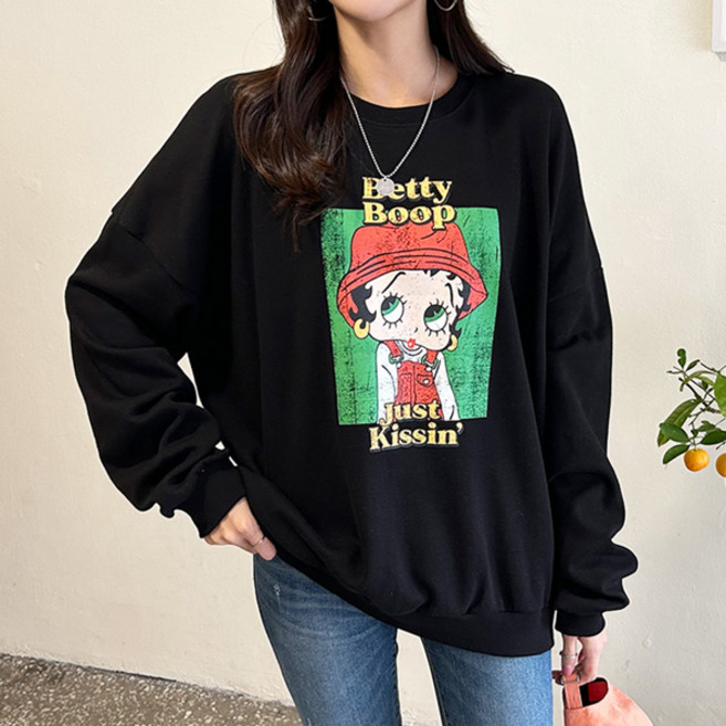 여성용 빅사이즈 오버핏 긴팔티 맨투맨 간절기 박스핏 박스티 BETTY 맨투맨