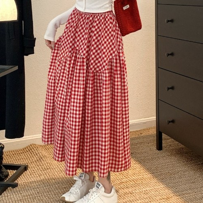 안녕릴리 여성 체크 하이웨스트 허리 밴딩 A라인 플리츠 롱 스커트
