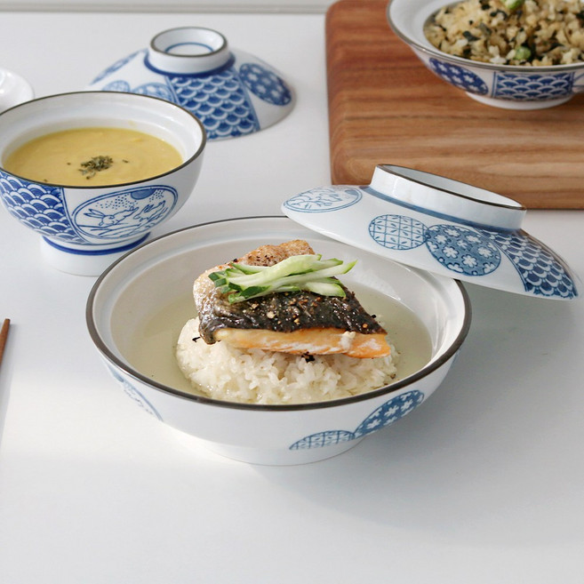 호시쿠즈 뚜껑있는 일본 돈부리 텐동 규동 덮밥 그릇 면기 2size, 1세트, 혼합색상_돈부리 (대)