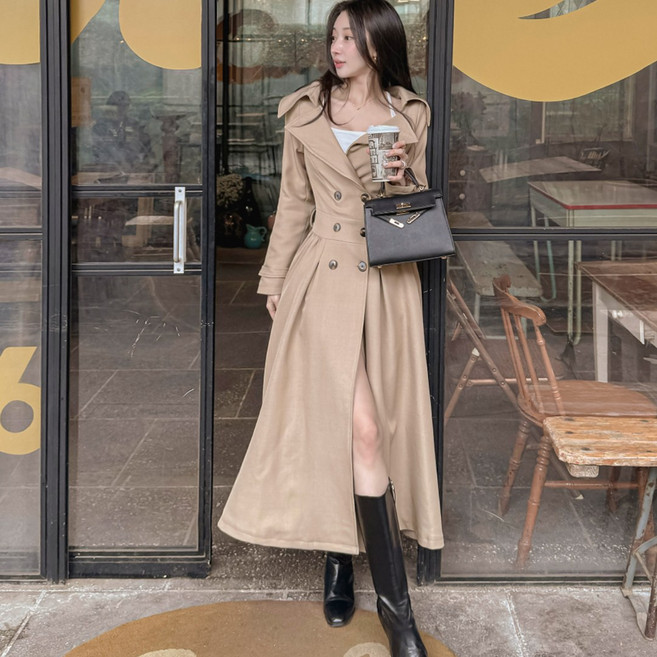 떳다그녀 디엘린 트렌치 오프숄더 맥시 더블 버튼 벨트 세트 간절기 체형보정 페미닌 클래식 롱원피스