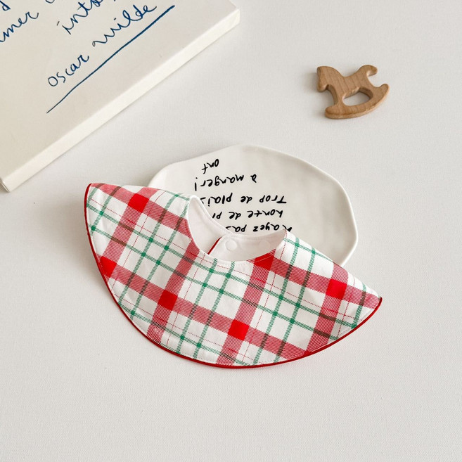 春秋款韓版同款滾邊口水巾嬰兒a類棉圍嘴新生兒寶寶口水圍兜防水, 1個, 1個裝, 復古紅格:如圖