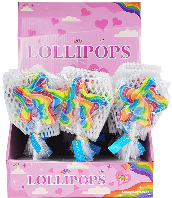 투데이 롤리팝 별모양 레인보우 막대사탕, 60g, 24개