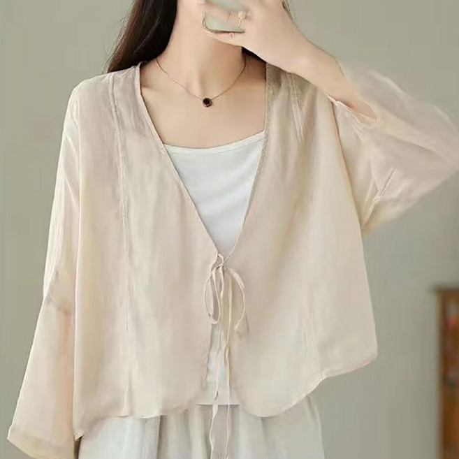 ORZQU 여름 여성 시크 루즈핏 트렌디 캐주얼 가벼운 숏 가디건 긴팔 개량한복 브이넥 스트링 스타일 코트