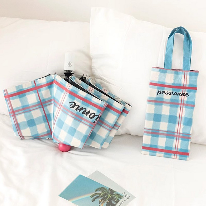 UV차단 블루 체크 3단 자동우산 + 손잡이 파우치 2종 세트
