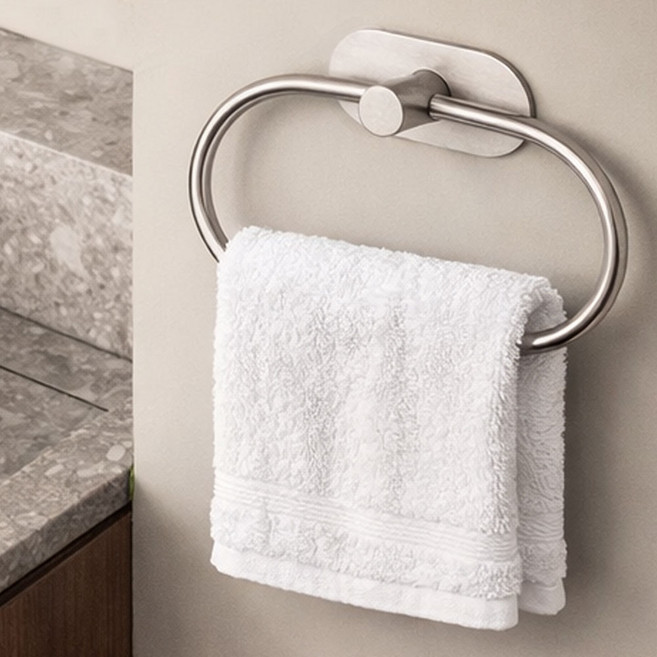 그린카멜 무타공 수건걸이 접착식 스테인리스 욕실 타월링, 1개, 모던무광실버