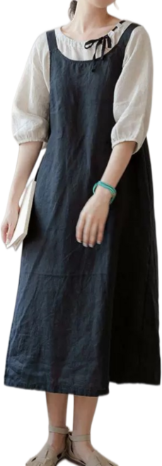 Makone 여성 린넨 멜빵 롱 원피스 루즈핏 심플 무지 솔리드
