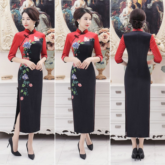 水水女人國 絲絨長款旗袍 中國風復古印花 修身日常宴會服 媽媽裝 大尺碼 經典黑