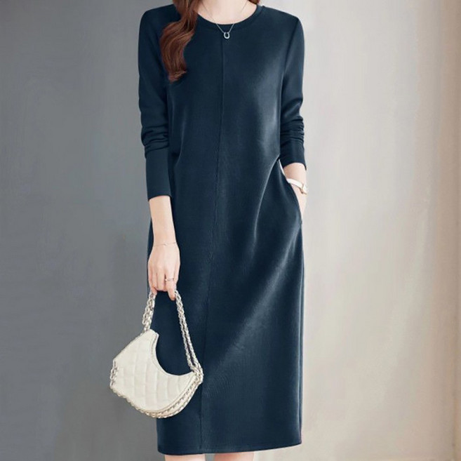 ROYALBELLE 여성 루즈핏 허리라인 미디 스트레이트 라운드넥 중년 데일리 긴팔 원피스 V0122913