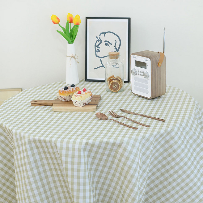 양면방수식탁보 식탁보2인 6인용 원형 방수테이블보, 그린체크, 방수가능