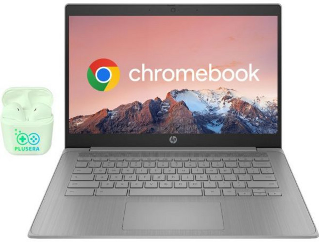 HP 크롬북 14인치 비즈니스 학생용 노트북 4GB RAM 64GB eMMC 4코어 인텔 셀러론 HD 웹캠 긴 배터리 수명 크롬 OS PLUSERA 이어폰 포함 250468, HP 크롬북 14인치 비즈니스 학생용 노트북 4GB R