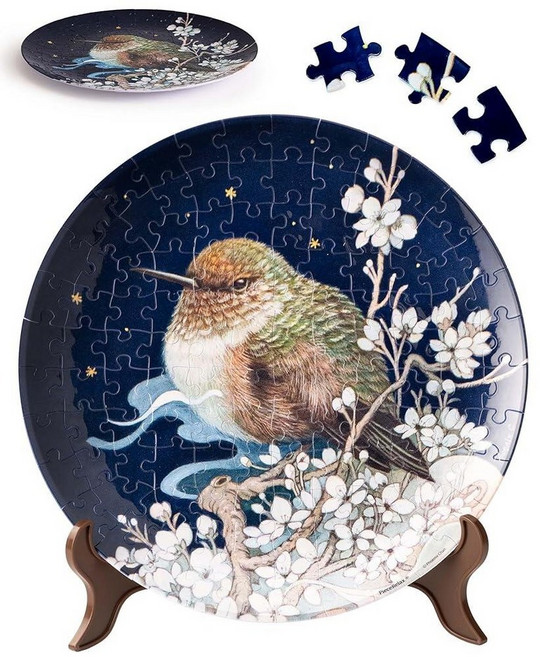 PieceRelax 미국매장정품+ 3D 퍼즐 플레이트 124피스 - 햇볕이 잘 드는 정원에서 잠자기 성인용 직소 내구성 있는 플라스틱 조각이 장식 접시 가정 또는 사무실 장식을, Phoenix Chan - Bird on Plum Br