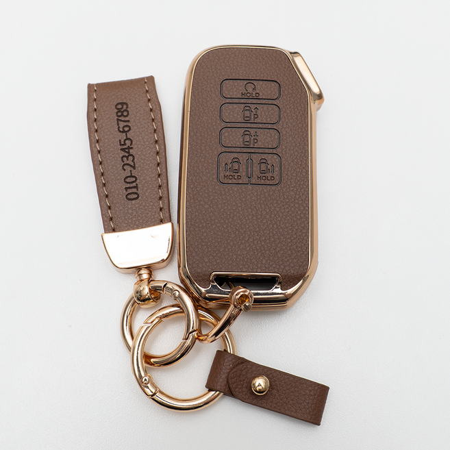 양면각인 기아 호환 4세대 카니발 KA4 리모컨 가죽 차키케이스 커버 스마트 9버튼 키홀더 스트랩, KH17_TL44, 브라운골드