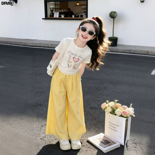 DFMEI 女童短袖長褲套裝夏季兒童時髦時尚女大童闊腿褲夏裝