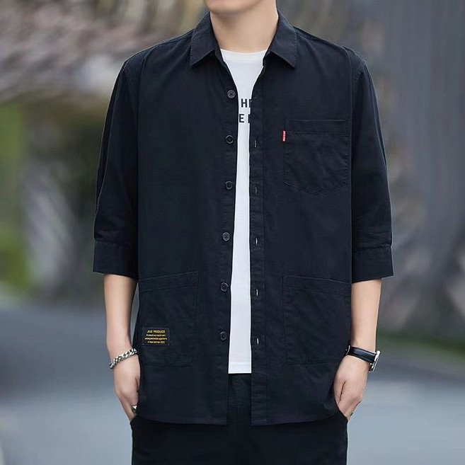 Makone 남성 솔리드 루즈핏 남방 아웃포켓 캐주얼 7부소매 순면 셔츠