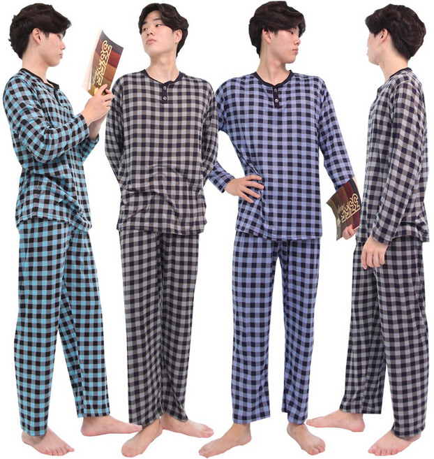 남성 피치 체크 잠옷세트 파자마 홈웨어 잠옷 상하의 세트