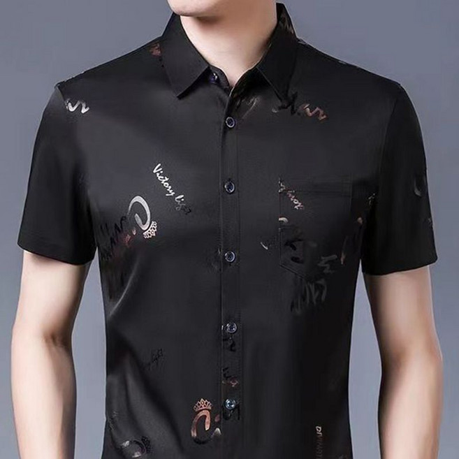 블라벨리 남성 실크 셔츠 반팔셔츠 비즈니스 댄스복 캐주얼 남방 시원한 중년 아빠룩 프린트 냉감티 ZH1006, 블랙1