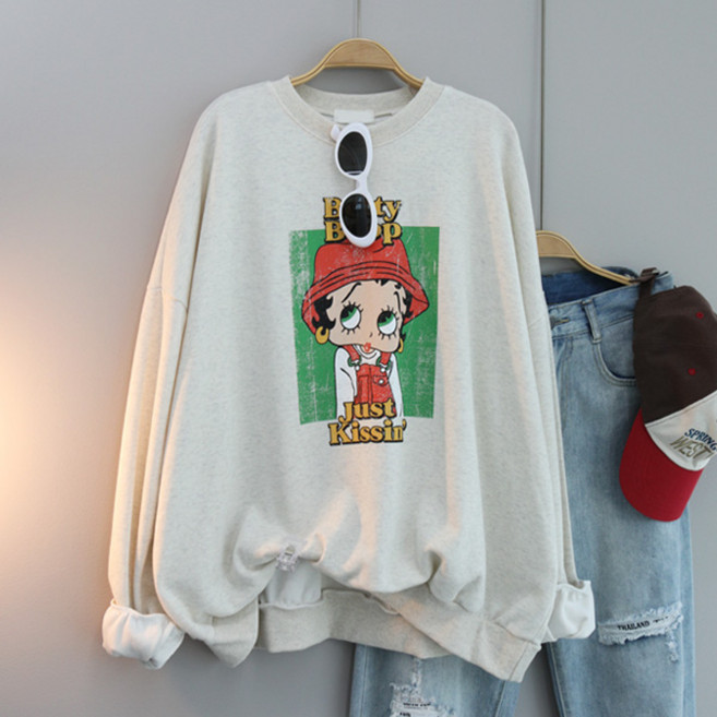 여성용 빅사이즈 오버핏 롱티 라운드 긴팔 맨투맨 데일리룩 체형커버 루즈핏 박스티 프린팅