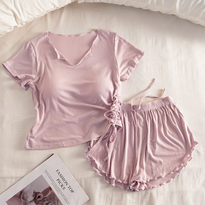 ROYALBELLE 여성 모달 패드내장 브이넥 반팔 셔링 스트링 반바지 홈웨어 세트