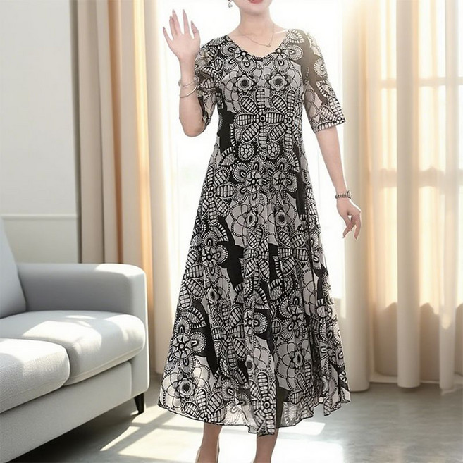 碎花洋氣連衣裙 媽媽韓版寬鬆顯瘦遮肚子高檔大碼連衣裙, 1個, 2520#【黑花瓣】 專柜品質2XL 建議115-130斤