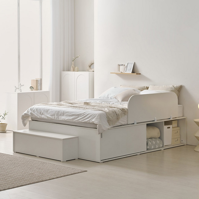 라자가구 E0 모아 슬라이딩 벙커 수납 침대 프레임 SS/Q + 잇템 본넬 매트, 화이트