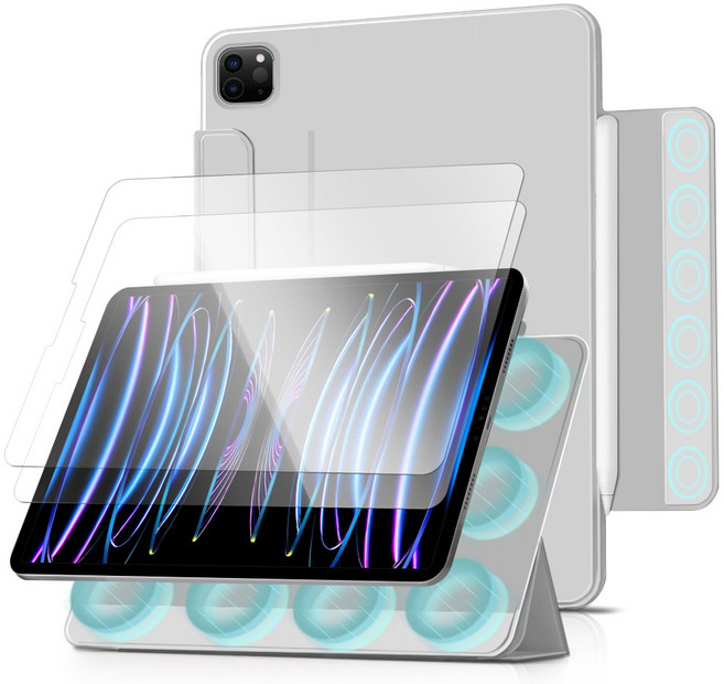 더조은셀러 아이패드 호환 3단 폴리오 마그네틱 케이스 2매입 유리필름 포함, 페일그레이, 1개