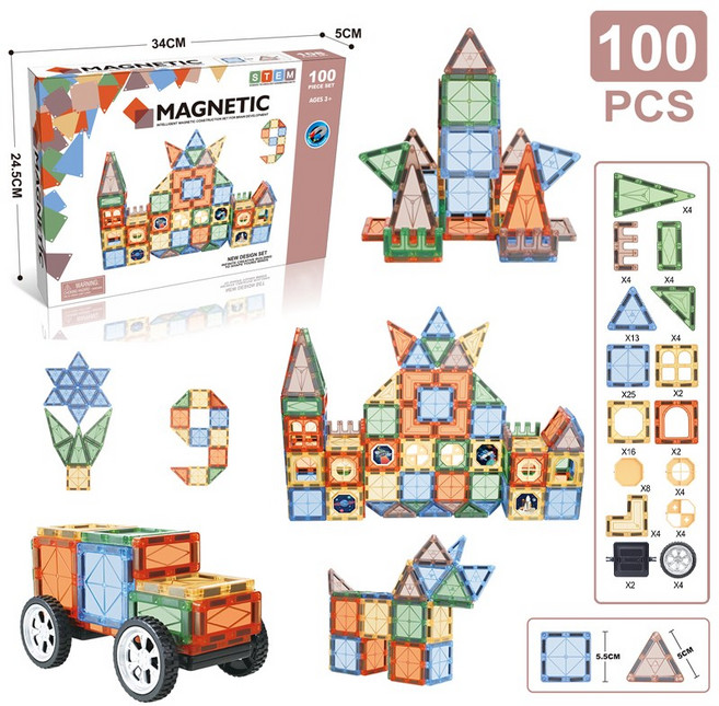 에듀케이션 입체 자석 블록 100pcs 세트 | 어린이 창의력 STEM 교구 | 투명 마그네틱 빌딩 토이 | 생일 선물 추천, 1개