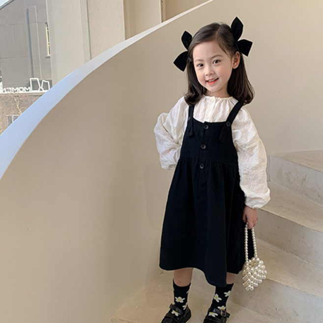 [KC인증 당일출고]베스더스 유아동 키즈 여아 봄 가을 원피스 블랙 멜빵 치마 블라우스 투피스 하객룩