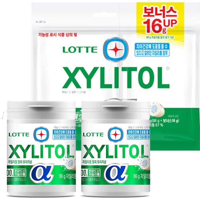 롯데 자일리톨 껌 알파 오리지날(용기) 86gx2개+알파 리필102gx1개/ 자일리톨67%