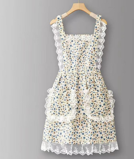 쁘띠꼬모 블레오 예쁜 꽃무늬 네일샵 프릴 자수 앞치마 레이스 원피스, 블루, 1개