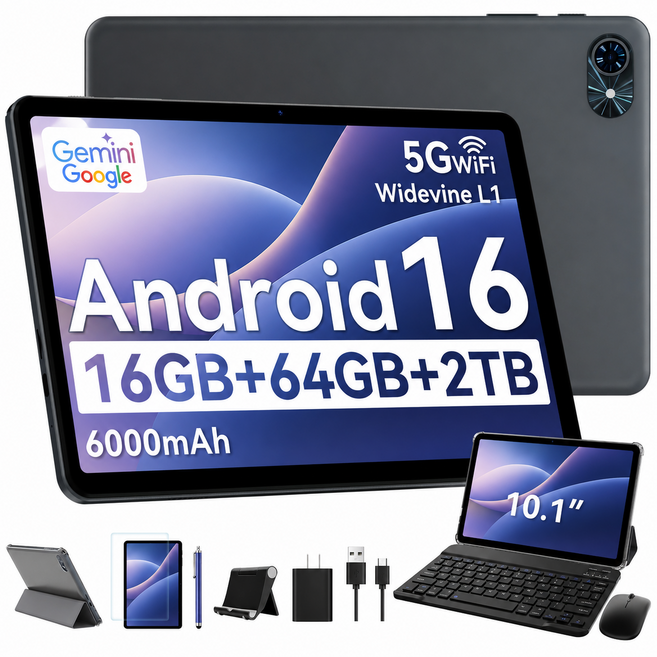 TABWEE 10.1인치 대화면 태블릿 PC 6000mAh 대용량 배터리 Gemini 2.0 지원 키보드+펜 포함 풀세트 16GB+64GB 저장공간 학습 업무 엔터테인먼, 회색, 64GB, Wi-Fi