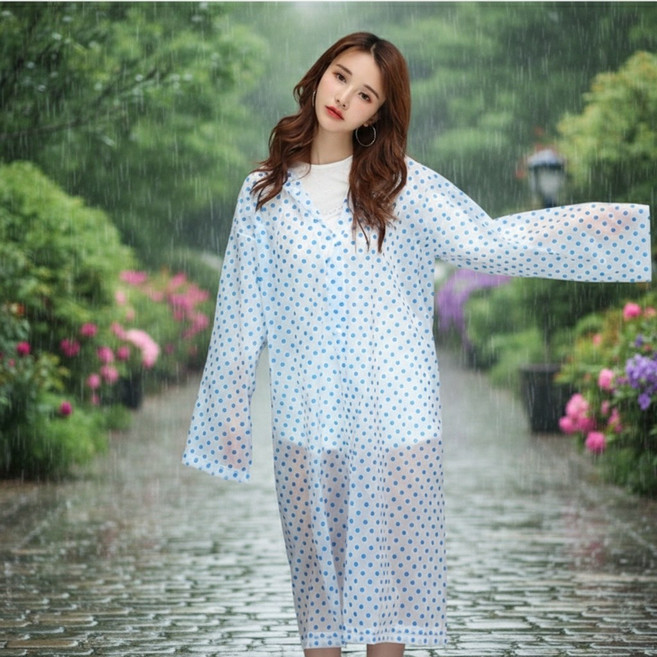 투명우비 여행용 도트무늬 롱 레인코트, 1개