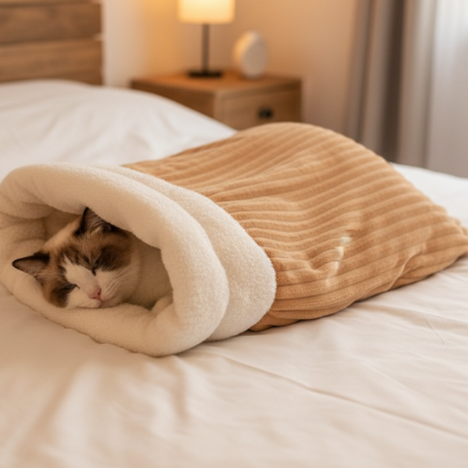 리우니 고양이 보온 극세사 숨숨집 침낭형 하우스 펫담요 펫침대, 1개, 베이지