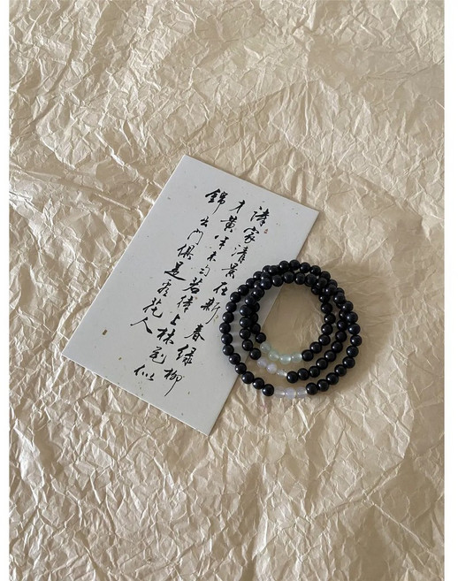 葉明 黑檀木瑪瑙 三圈手串珠 清冷感