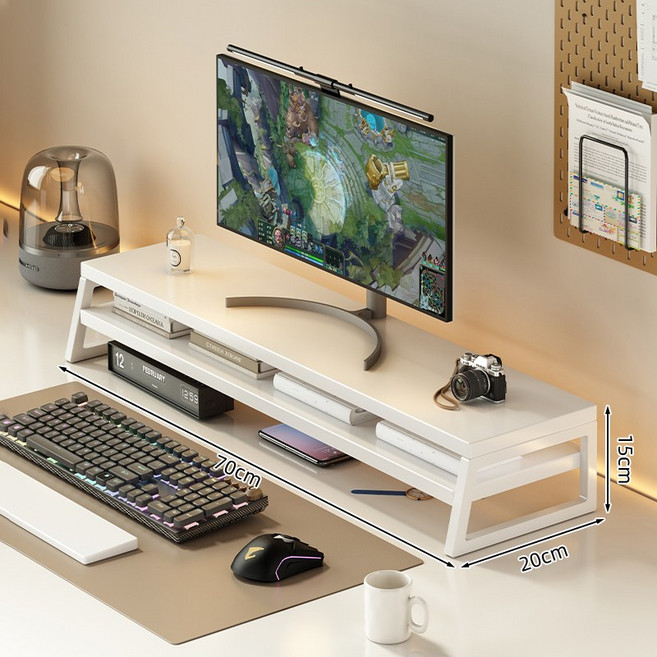 모니터 높이조절 받침대 컴퓨터 듀얼 선반 2단 거치대, 1개, 19. 이중층 크림 화이트 70x20x15cm