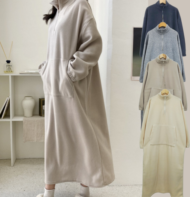 LIONHU [국내제작] 여성 폴라폴리스 후리스 롱원피스 반집업 하프폴라 루즈핏 홈웨어 데일리 겨울 원피스