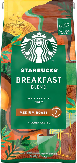 스타벅스 브렉퍼스트 블렌드 미디엄 로스트 커피원두, 홀빈(분쇄안함), 200g, 1개
