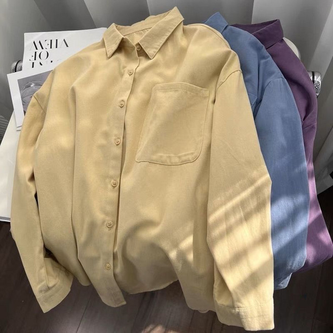 韓系純色長袖襯衫 女士春秋新款寬鬆休閒襯衣