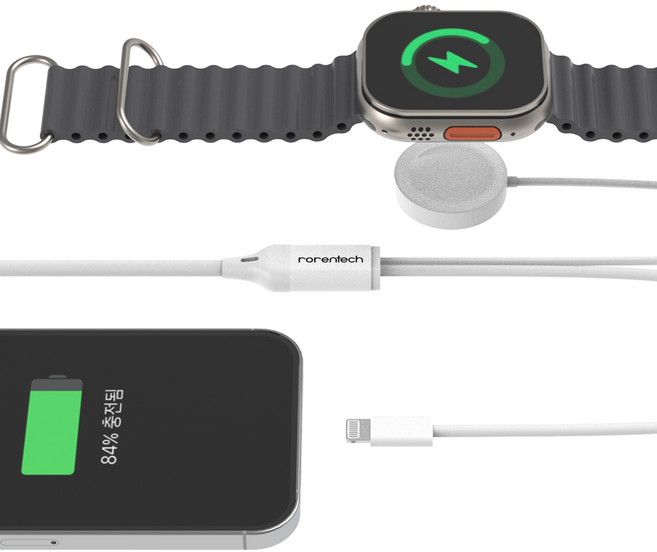 로랜텍 백돌 2IN1 무선 애플워치 충전기 30W C to 8핀 고속 충전 케이블, 1개