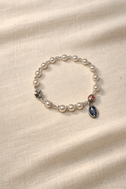 [세례명 각인] 실버 진주 묵주팔찌 묵주 1단묵주, 1개, 분홍비즈+기적의패