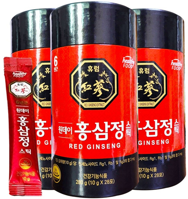 휴럼 원데이 홍삼정 스틱 280g(10g x 28봉) 국산 6년근 1일 1포 면역력 피로개선, 280g, 3개