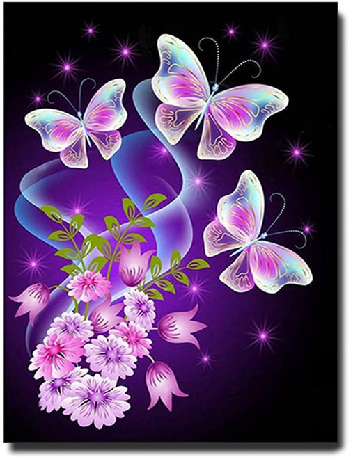 화야루이 액자 보석십자수 캔버스형 DIY 키트 40 x 50 cm, GR307. 퍼플나비와 꽃, 1세트