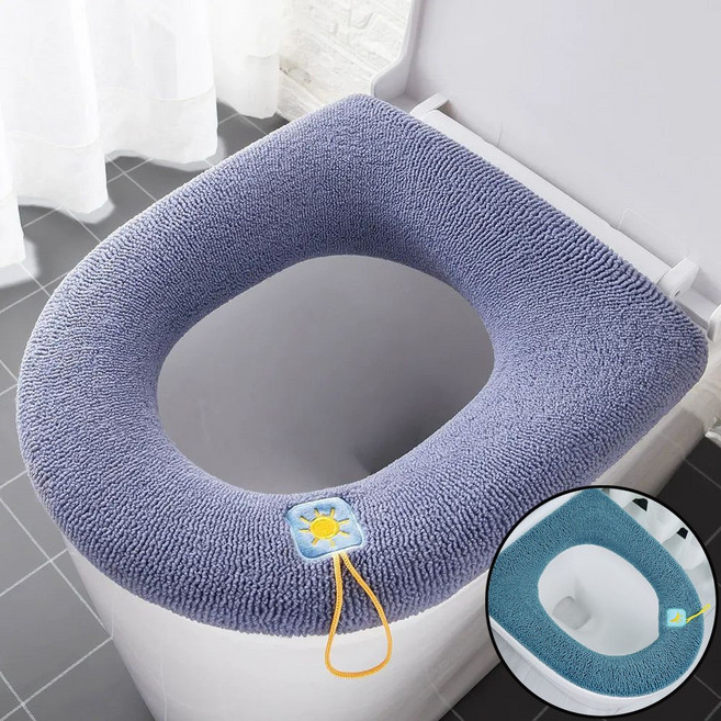 미즈코스 타올 변기 커버 시트 탈부착 워셔블 쿠션 양변기 패드 덮개, 1세트, 다크블루+연보라