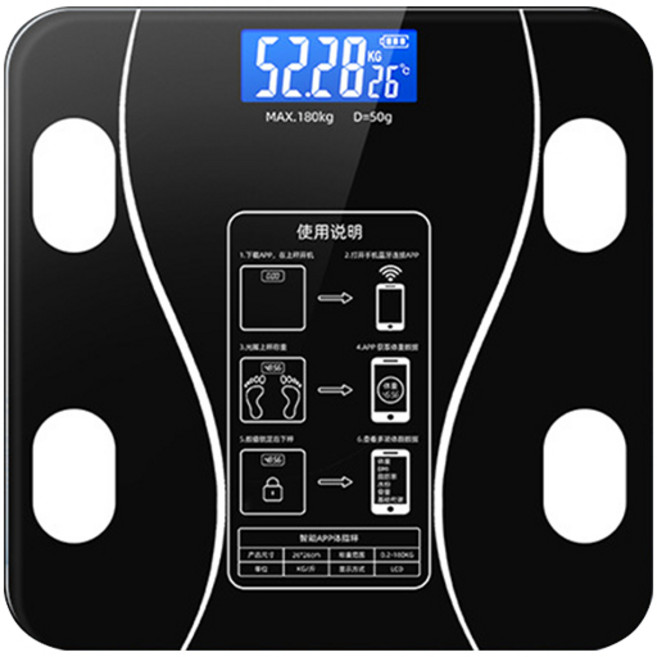 智能藍牙體脂計 0.01KG高精度 USB充電 APP數據記錄 LCD夜視螢幕, 1個, 黑色-藍芽充電款, 黑色, 藍芽充電款