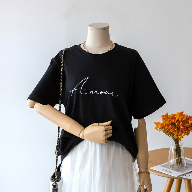 코코세븐 자수 레터링 모달 워싱 라운드 빅사이즈 반팔 티셔츠