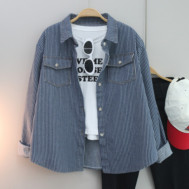 달콩 여성 봄신상 청남방 세미크롭 미첼스트라이프데님셔츠