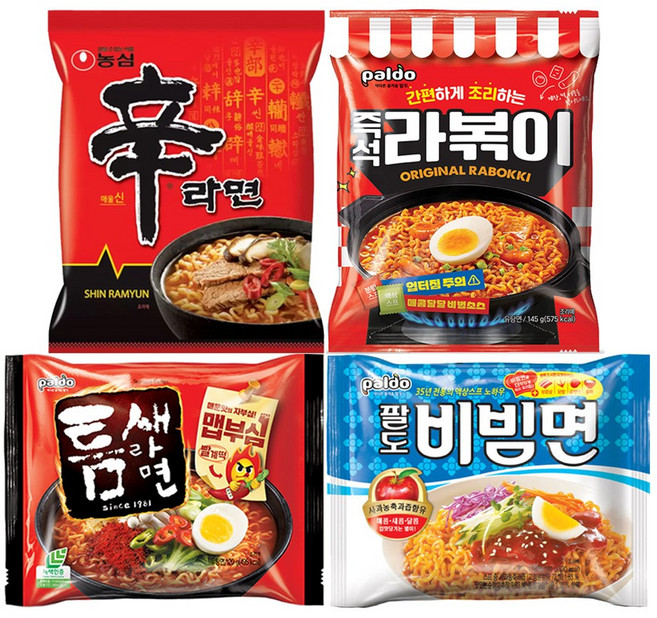 [서진프리미엄] 봉지라면모음 4종 혼합 팔도틈새라면빨계떡 4개 + 팔도라볶이 4개 + 팔도비빔면 4개 + 농심신라면 4개, 16개