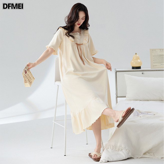DFMEI 睡裙女款夏季純棉短袖睡衣孕婦寬鬆大碼200斤胖mm夏天長裙家居服