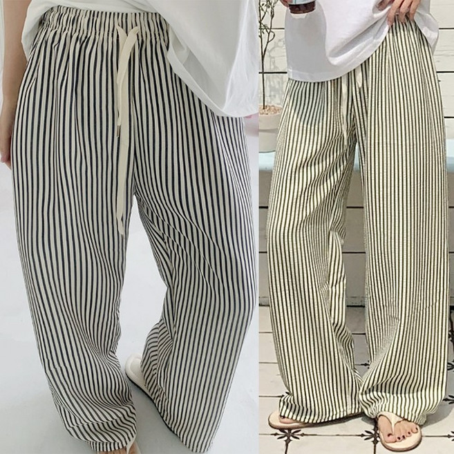 애플망고옷장 1+1 오버핏 여름 남녀공용 시원한 작은줄 스트라이프 일자 통밴딩팬츠 P212 버블 넉넉사이즈바지