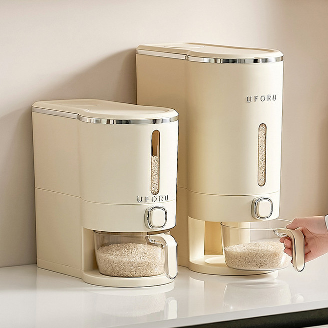 (업그레이드)원터치 밀폐쌀통/진공쌀통10kg/밀폐 방습 쌀통/일상쏙 쌀보관통잡곡통 계량 쌀보관함 쌀통5KG 10KG 쌀통, 크림 화이트, 1개